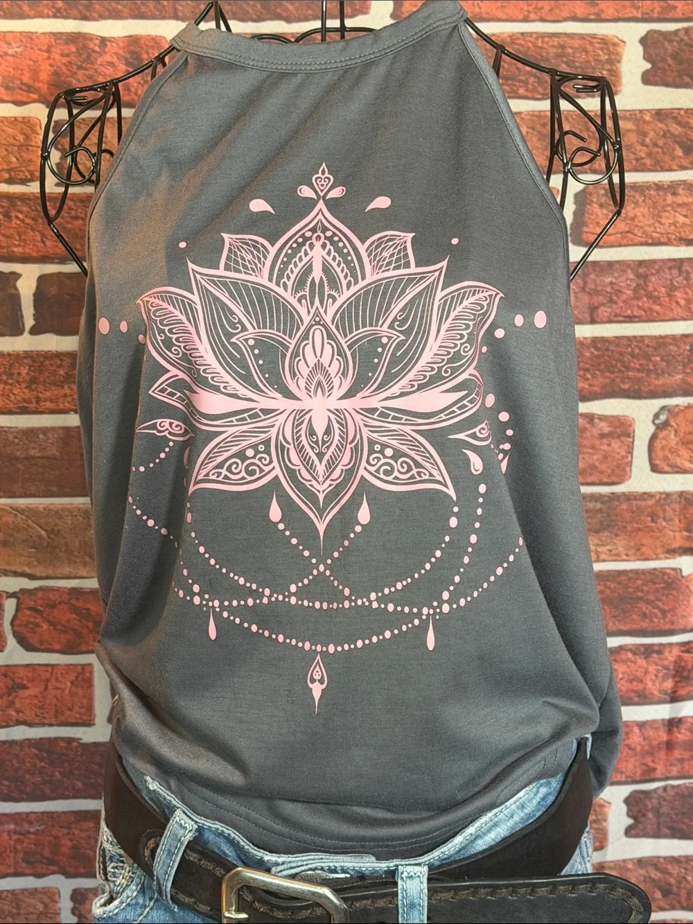👚 Halter Style Tank with Lotus — Charcoal Gray/Pink — Sz OS (ca. L/XL) / N